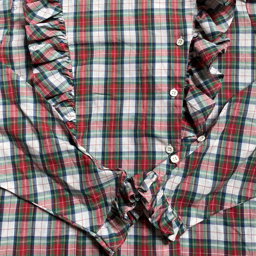 Vintage 80s high neck ruffle plaid button front shirt - Picture 9 of 13